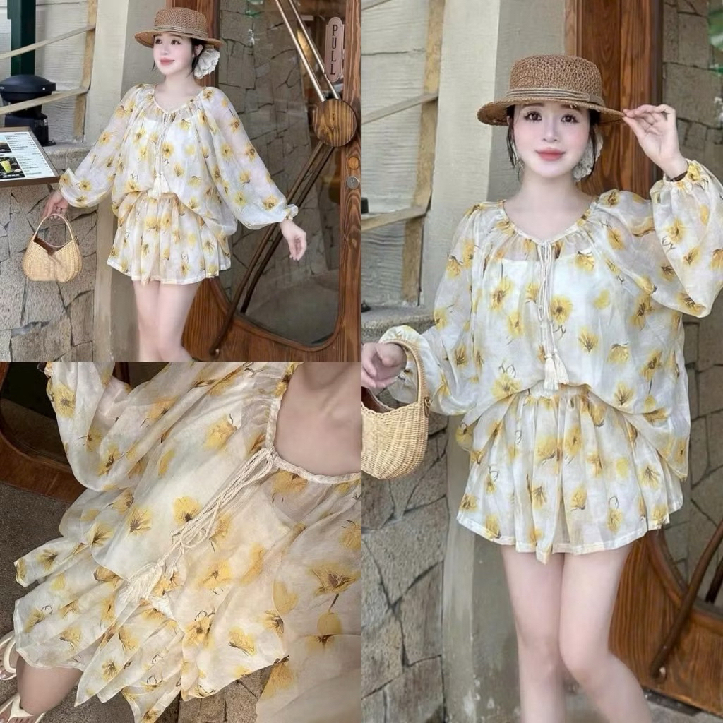 Set váy ngắn - Set váy nữ, chất voan áo tay dài form babydoll họa tiết in hoa vàng cột dây phối chân