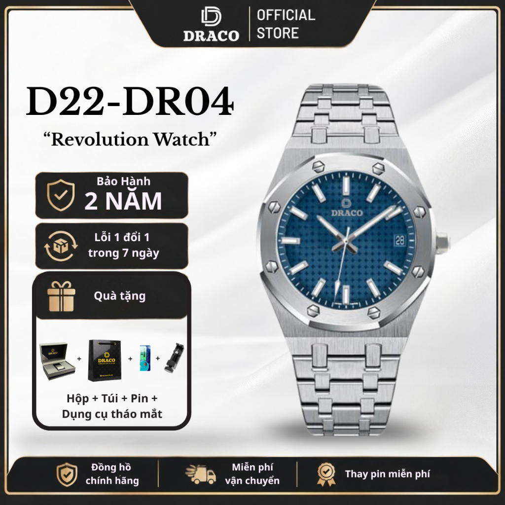 Đồng hồ nam Draco D22-DR04 “Revolution Watch” xanh kết hợp dây kim loại bạc - thời trang nam