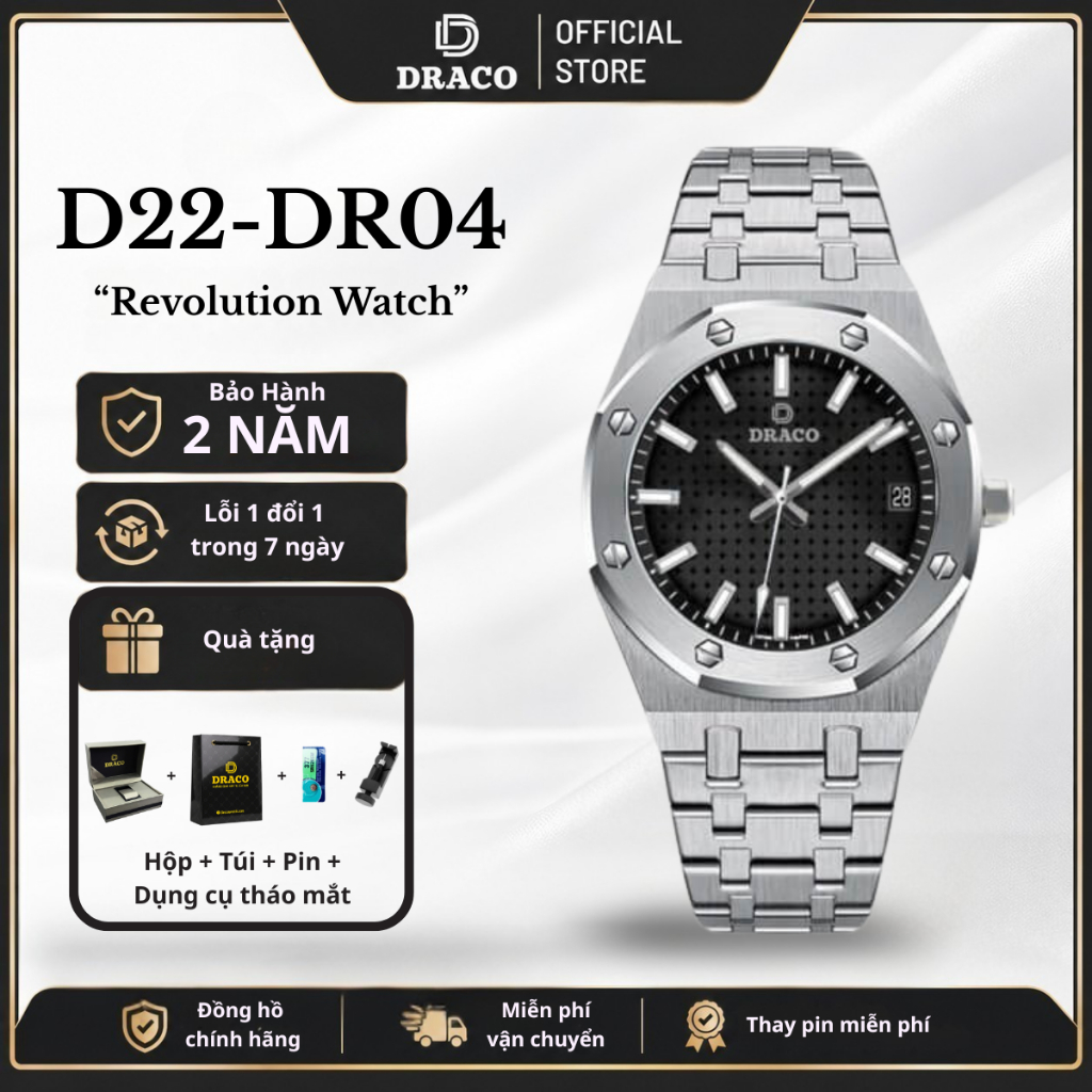 Đồng hồ nam Draco D22-DR04 “Revolution Watch” đen dây kim loại đồng hồ nam chính hãng, đồng hồ đẹp