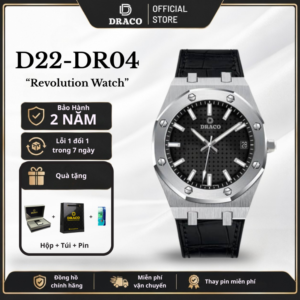 Đồng hồ nam Draco D22-DR04 Revolution Watch đen dây da đen, đồng hồ thời trang nam, chính hãng