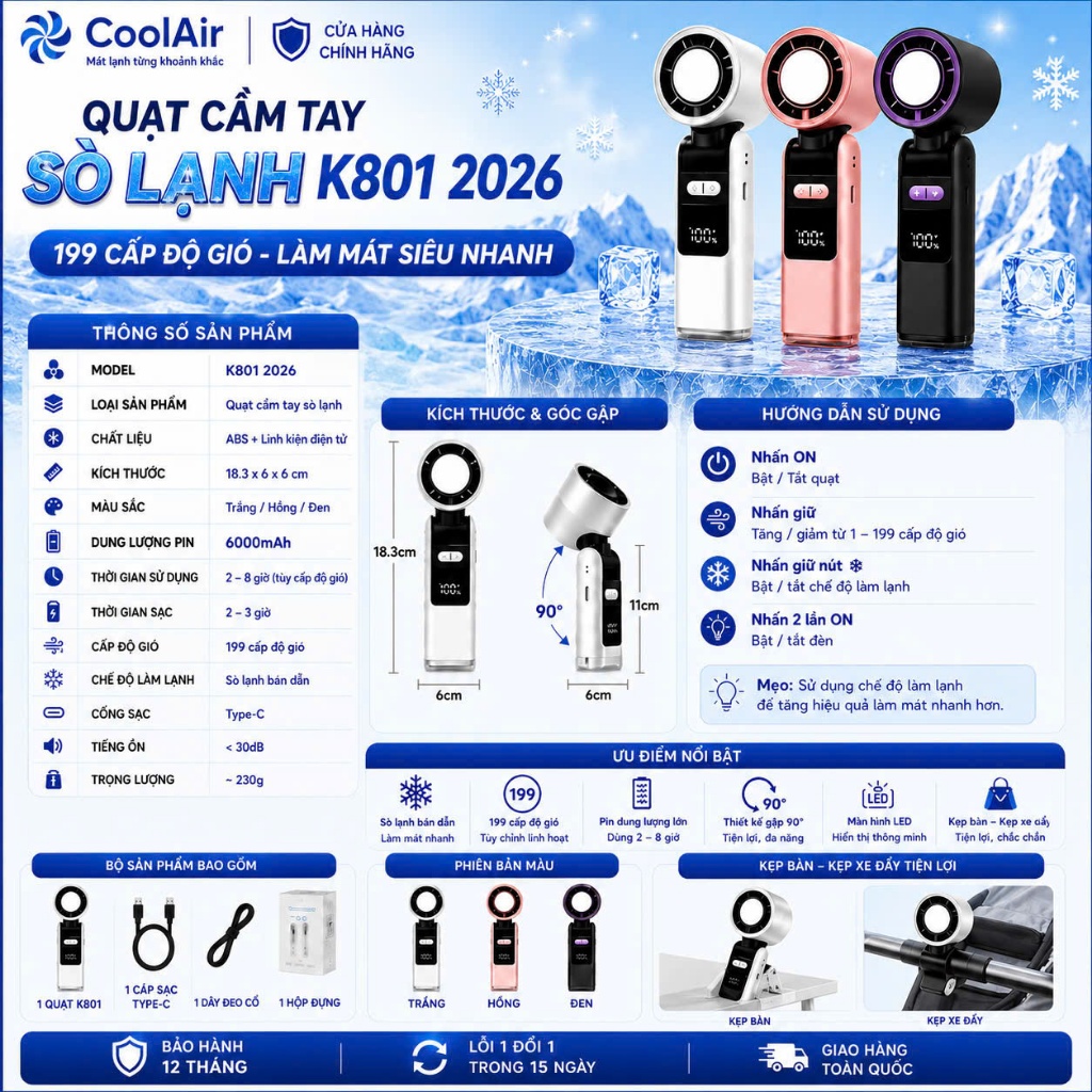 Quạt Cầm Tay Mini K801, 200 Cấp Độ Gió, Gấp Gọn 90°, Màn Hình LED | BigBuy360 - bigbuy360.vn