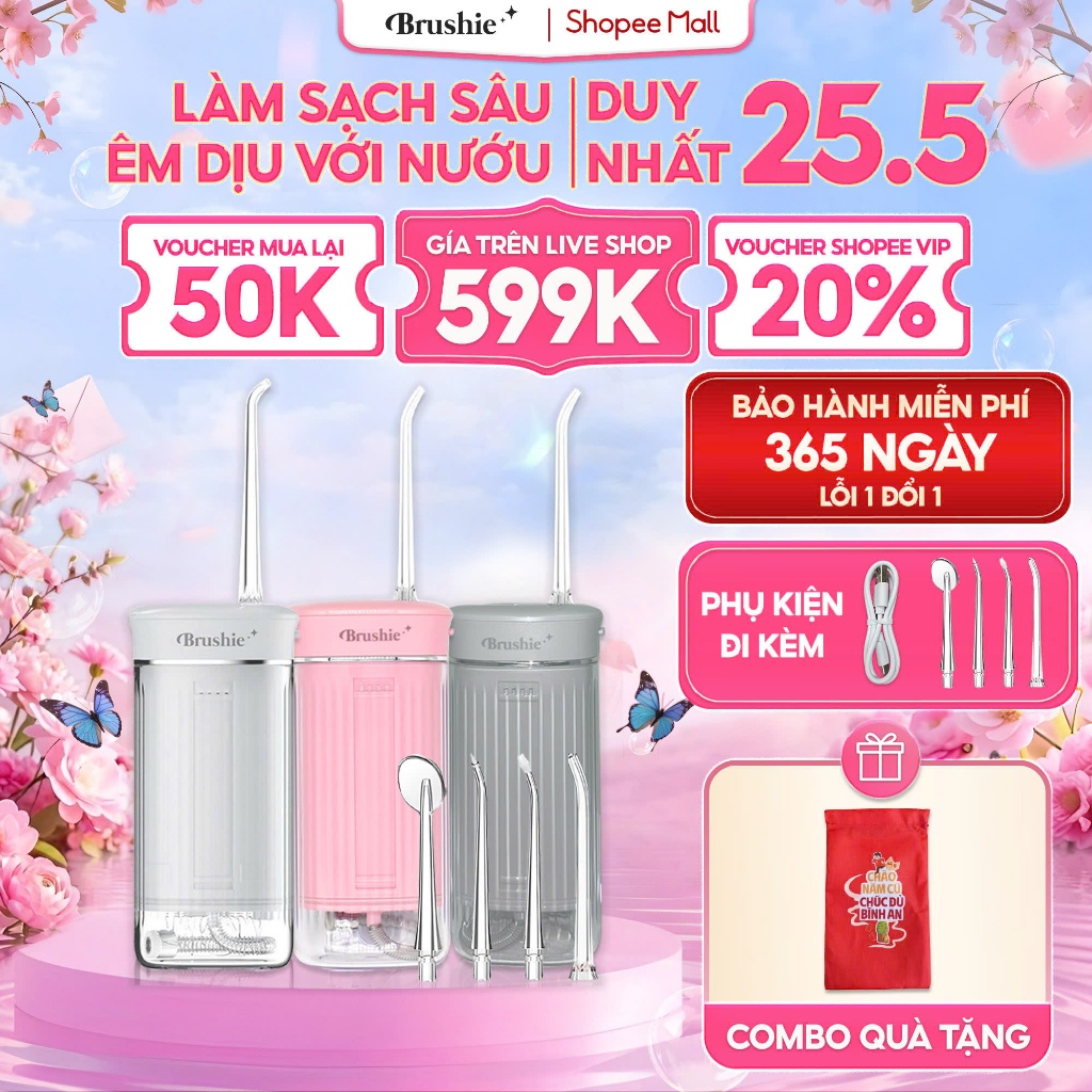 [GIÁ 572K TẠI LIVE SHOP] Tăm nước cầm tay Brushie Super Sonic, Flossie tăm nước du lịch phiên bản mớ