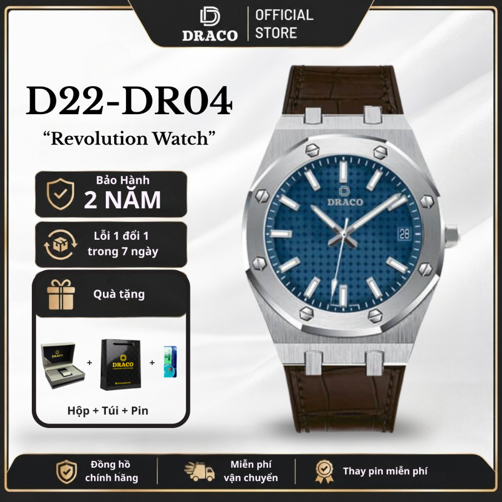 Đồng hồ nam Draco D22-DR04 “Revolution Watch” xanh kết hợp dây da bò nâu - thời trang nam thể thao