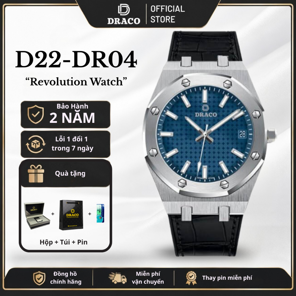 Đồng hồ nam Draco D22-DR04 “Revolution Watch” xanh kết hợp dây da bò đen - thời trang nam thể thao