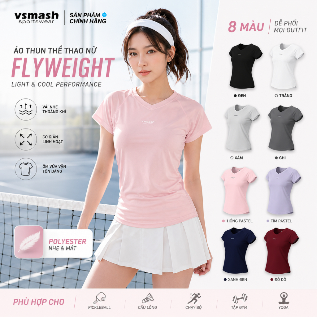 Áo Thun Thể Thao Nữ Vsmash Sportswear FLYWEIGHT Cao Cấp – Co Giãn, Nhẹ, Mát, Gym Chạy Bộ Cầu Lông Yo