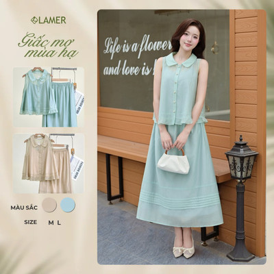 Áo Kiểu Nữ Sát Nách LAMER FASHION Cổ Sen Dáng Rộng Phối Chân Váy Xòe Cạp Chun Mí Thân O61B26H007 O62L26H003