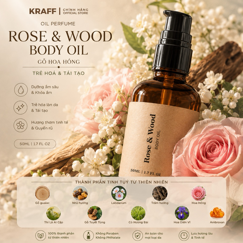 BODY OIL GỖ HOA HỒNG (OIL PERFUME) ROSE & WOOD - TRẺ HOÁ & TÁI TẠO