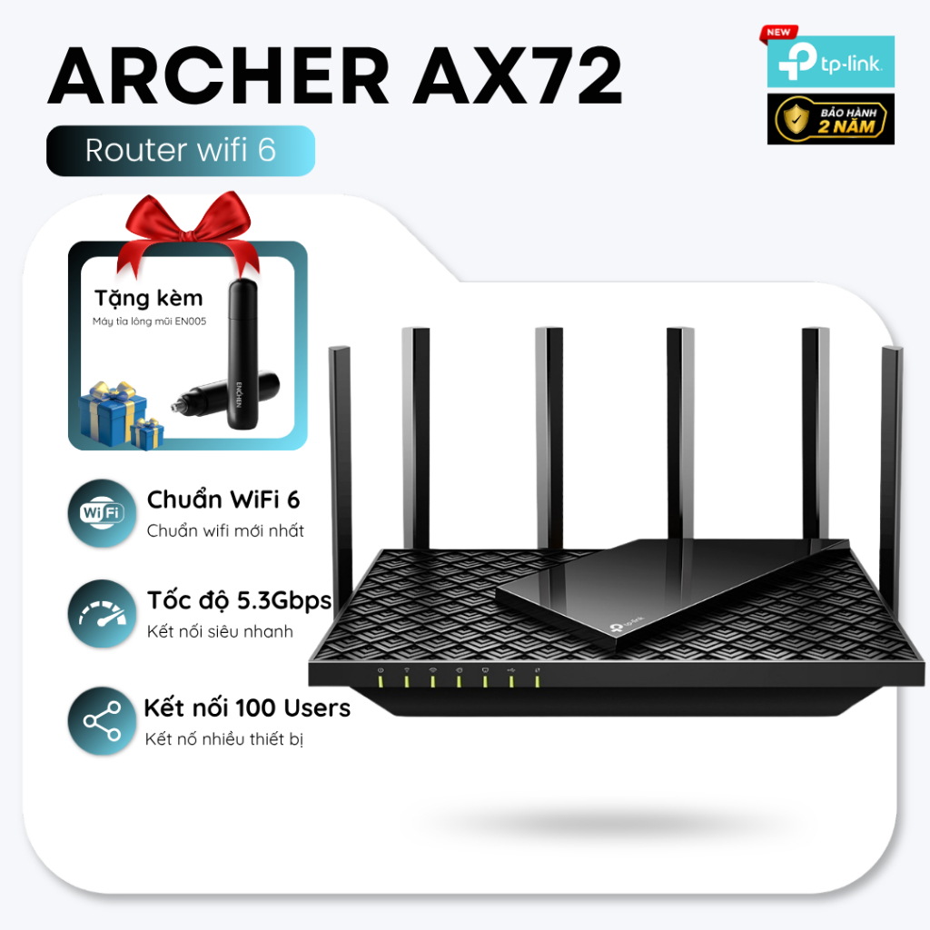 Bộ phát router WiFi 6 AX5400 TP-Link Archer AX72 | Băng tần kép, Wan/Lan Gigabit, 6 anten phủ sóng