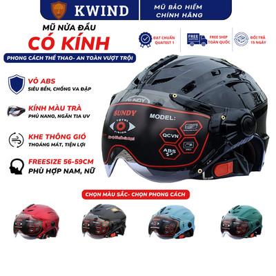Nón bảo hiểm có kính nửa đầu, phù hợp nam, nữ, freesize 55-59cm, chính hãng, đảm bảo an toàn