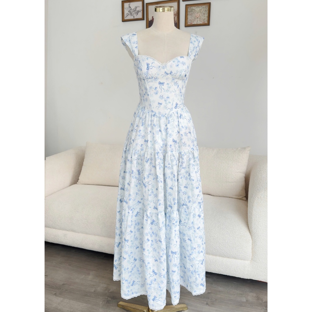 𝗖𝗹𝗼𝘁𝗵𝗲𝘀 𝗕𝗮𝗿 - Lily Dress (Bluebird Waltz) | Đầm midi linen dáng corset xòe tầng dự tiệc cao cấp