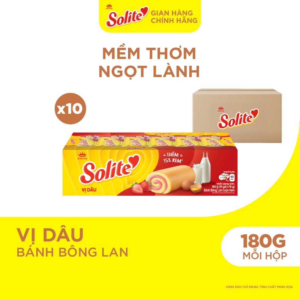 Thùng 10 Hộp Bánh Bông Lan Solite Tròn Kem Vị Dâu 180g