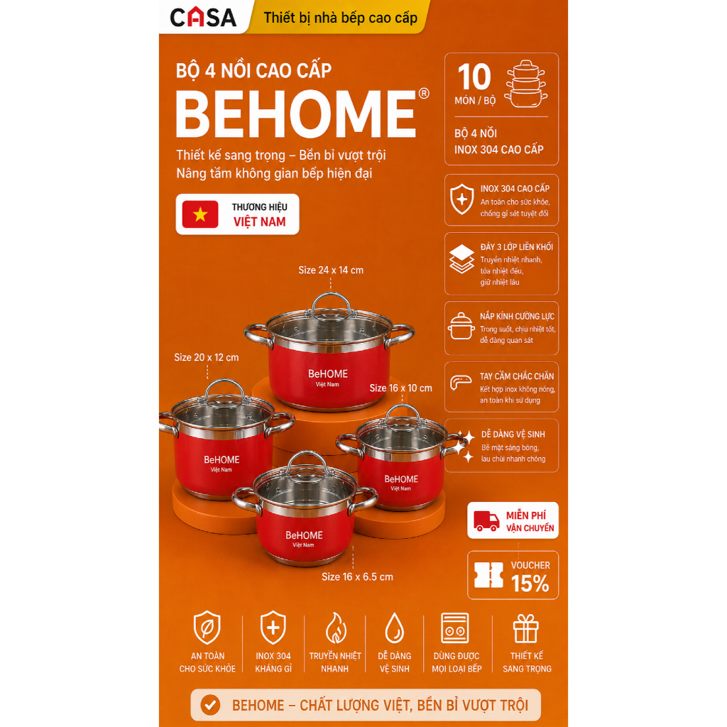 Bộ 4 nồi , thương hiệu : BeHome