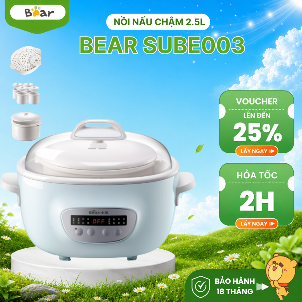 Nồi Nấu Chậm 2,5L Bear SUBE003 Chính Hãng, 220W, Đa Năng Bản Tiếng Việt Kèm Lồng Hấp, BH 18 Tháng