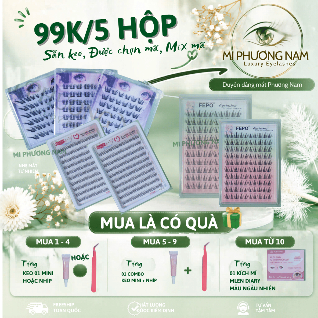 Mi giả sẵn keo 99k/5 hộp kèm quà tặng - Sẵn keo nhiều dáng hot trend mềm nhẹ - Mi Phương Nam