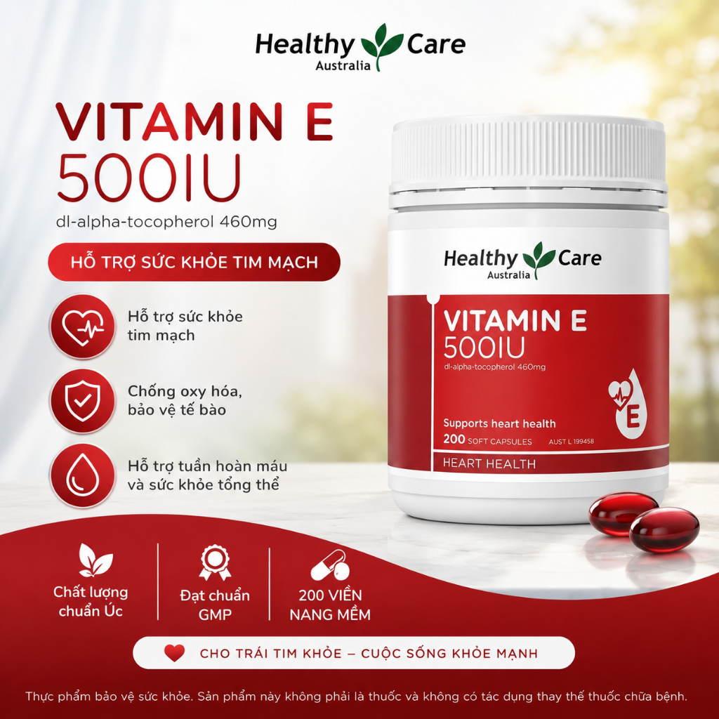 Viên Uống Bổ Sung Vitamin E Healthy Care 500IU (Hộp 200 Viên) - Hỗ Trợ Đẹp Da, Chống Lão Hóa, Cấp Ẩm