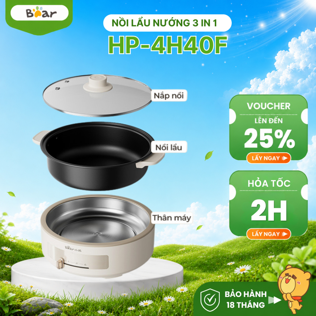 Nồi lẩu đa năng 4L Bear HP-4H40F (DHG-C40V2) -1500W- Lòng nồi chống dính, tháo rời- BH 18 tháng