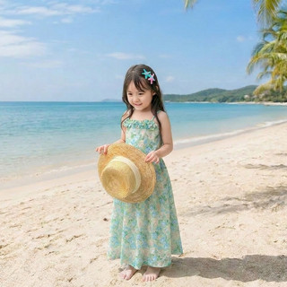 Váy maxi hoa xanh 2 dây đan lưng dễ thương cho bé gái đi chơi và đi biển, thời trang hè (T2)