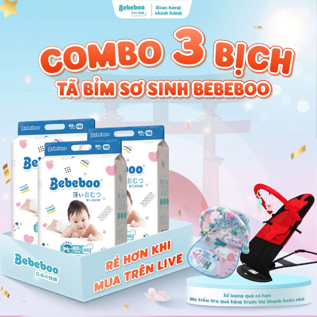 [Tặng Thảm Nhạc] Combo 3 Bịch Tã Dán/ Bỉm Dán NB BEBEBOO Nhật Bản Chính Hãng Mềm Mịn, Mỏng, Siêu Thấ