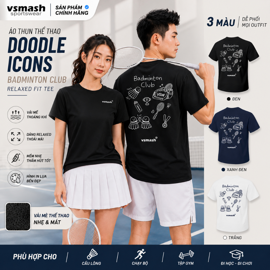 Áo Thun Thể Thao Cầu lông Nam Nữ in DOODLE ICONS Vsmash Sportwear, Vải Nhanh Khô Thấm Hút Tốt, Co gi