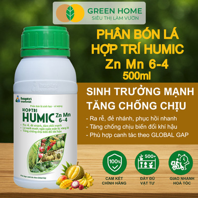 Phân Bón Hợp Trí Humic Zn Mn 6-4, GreenHome,Chai 500ml, Ra Rễ Mạnh, Đẻ Nhánh Khỏe Phục Hồi Cây Nhanh