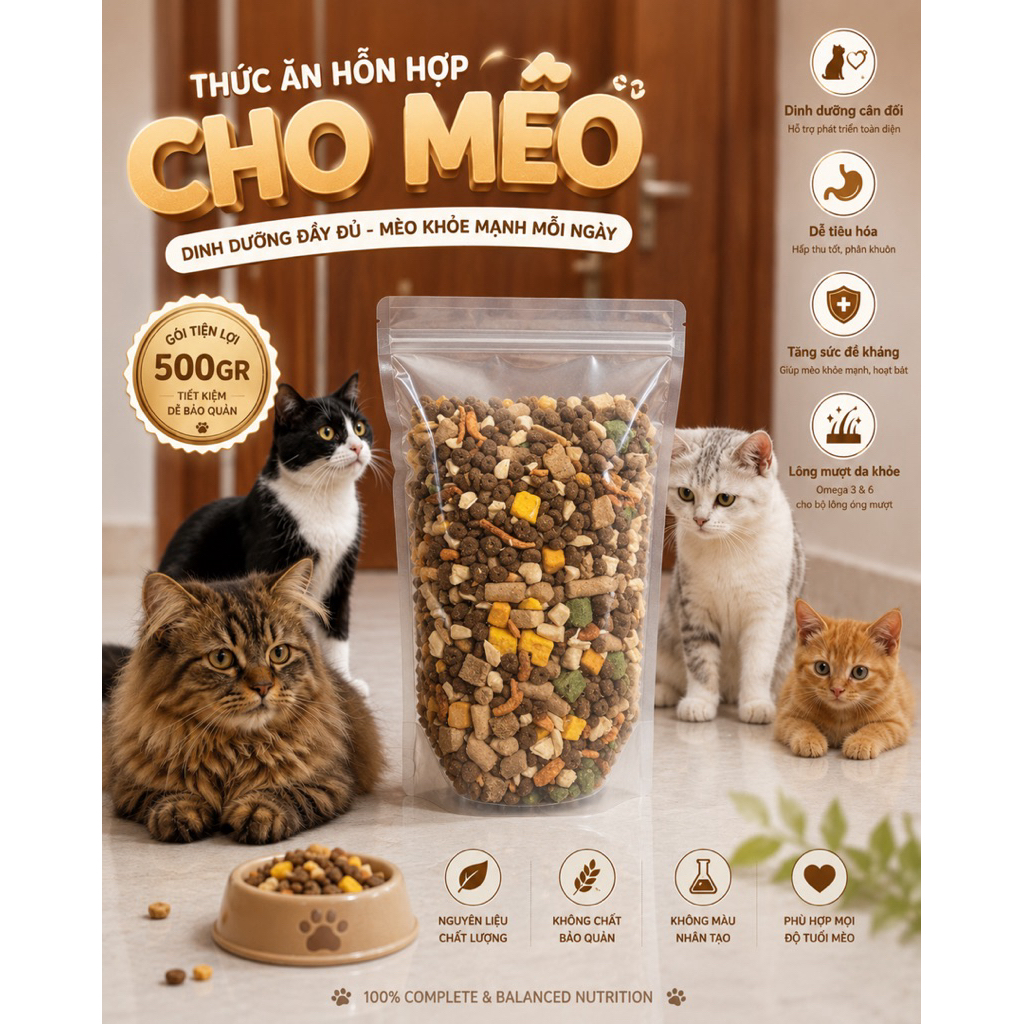 HẠT CHO MÈO S2Pet V2, THỨC ĂN HỖN HỢP CHO MÈO 500GR