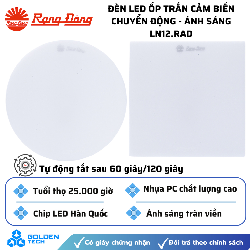 [Rạng Đông] Đèn LED ốp trần tròn, vuông 18W cảm biến chuyển động - ánh sáng đế nhôm LN12.RAD