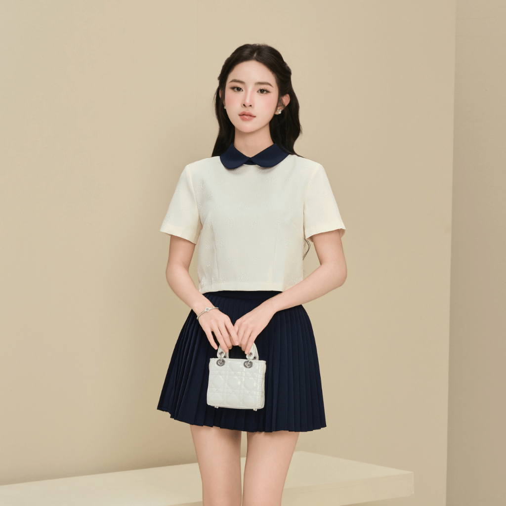 Set áo kiểu nữ thiết kế cổ sen croptop và chân váy xếp ly dáng ngắn tiểu thư Linly Store A-PC6 | BigBuy360 - bigbuy360.vn