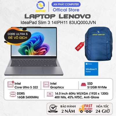 Laptop Lenovo IdeaPad Slim 3 14IPH11 83UQ000JVN, Core Ultra 5 322, 16GB RAM, 512GB SSD, 14.0 inch FHD+ IPS, Win11
