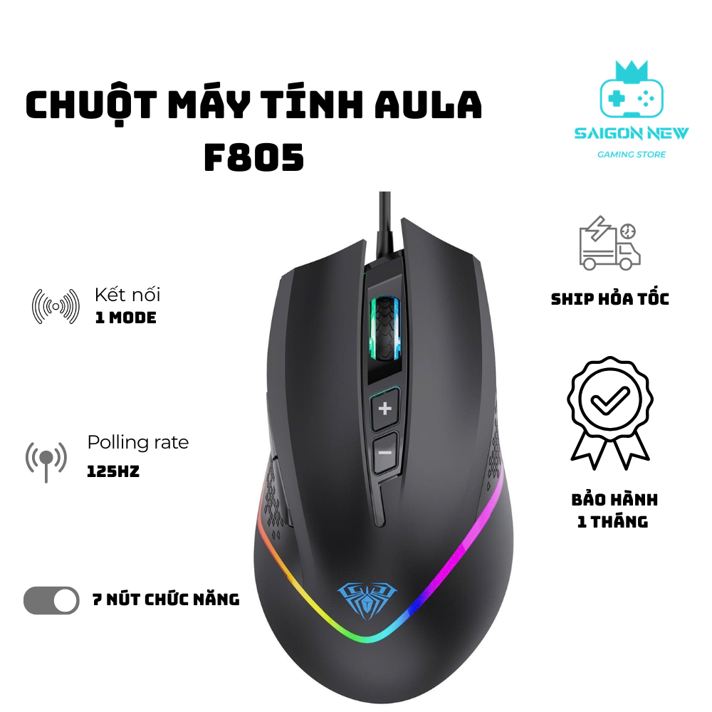 Chuột có dây AULA F805 - Led RGB nhiều chế độ màu - 7 nút chức năng - Độ trễ thấp