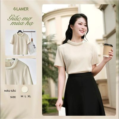 Áo Kiểu Nữ LAMER FASHION Công Sở Dáng Suông Cộc Tay Cổ Lọ Bẻ Màu be O61B26H002