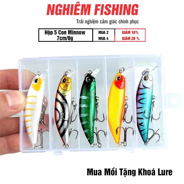 Hộp 5 Mồi Giả Câu Lure Minnow 7cm 8g ( TẶNG KHÓA LURE ) Lặn 0.5-2m Lưỡi Ba Tiêu  ( # MINNOW 7CM/8G )