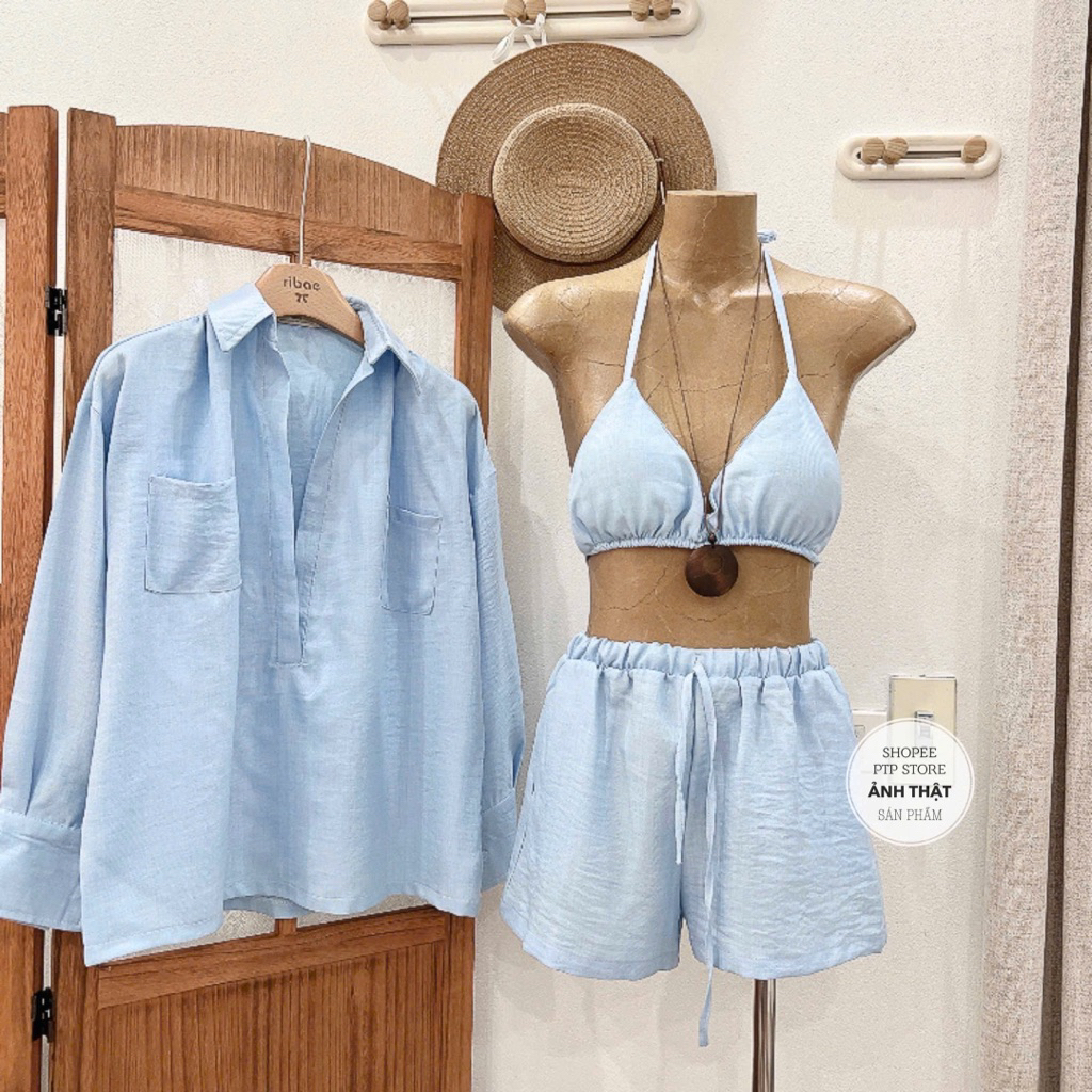[S2.4361] Set Bikini Trơn 3 Món Kèm Áo Khoác Sơmi Ngoài 2 Màu | BigBuy360 - bigbuy360.vn