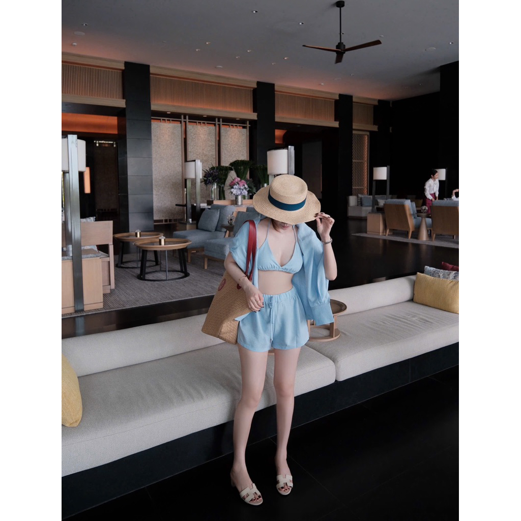 [S2.4361] Set Bikini Trơn 3 Món Kèm Áo Khoác Sơmi Ngoài 2 Màu | BigBuy360 - bigbuy360.vn