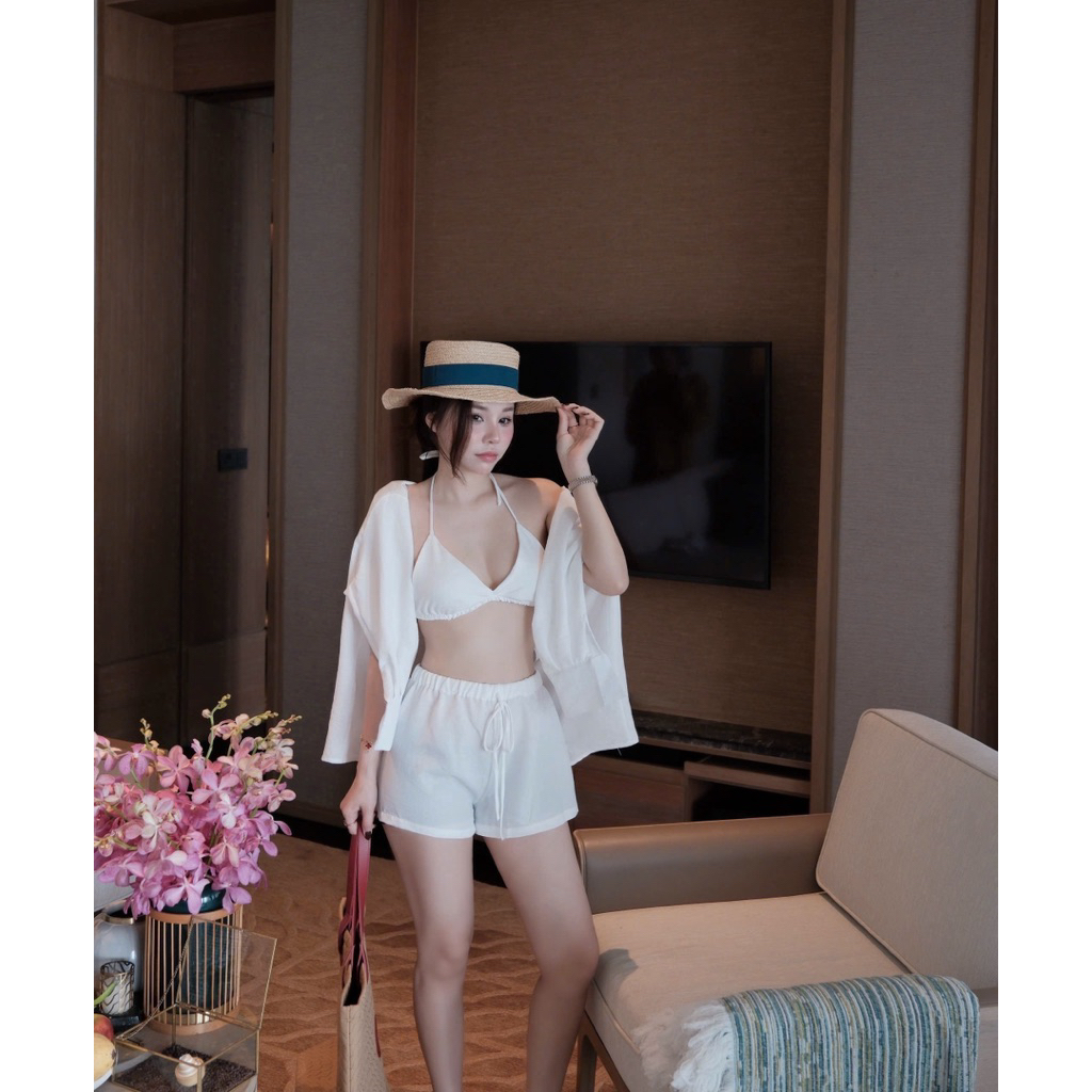 [S2.4361] Set Bikini Trơn 3 Món Kèm Áo Khoác Sơmi Ngoài 2 Màu | BigBuy360 - bigbuy360.vn