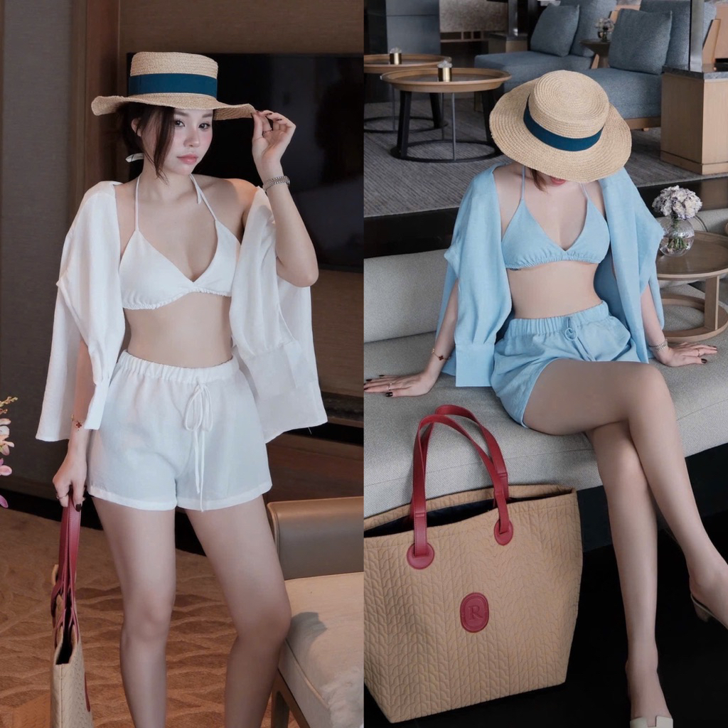 [S2.4361] Set Bikini Trơn 3 Món Kèm Áo Khoác Sơmi Ngoài 2 Màu | BigBuy360 - bigbuy360.vn