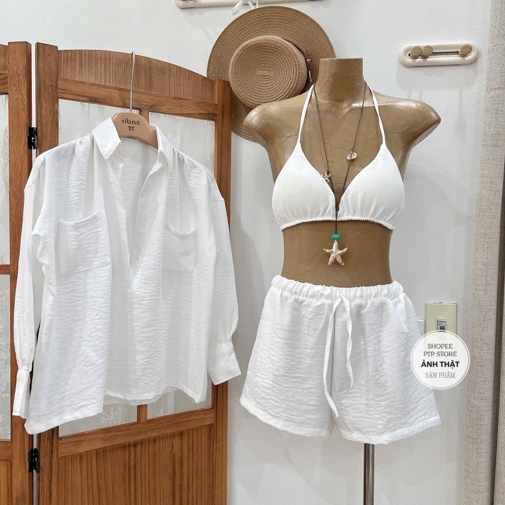 [S2.4361] Set Bikini Trơn 3 Món Kèm Áo Khoác Sơmi Ngoài 2 Màu | BigBuy360 - bigbuy360.vn