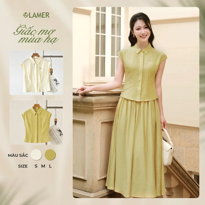 Áo Kiểu Nữ LAMER FASHION Vai Chờm Chiết Ly Eo Phối Chân Váy Xòe Công Sở Dáng Dài O61H26H005 O62L26H002