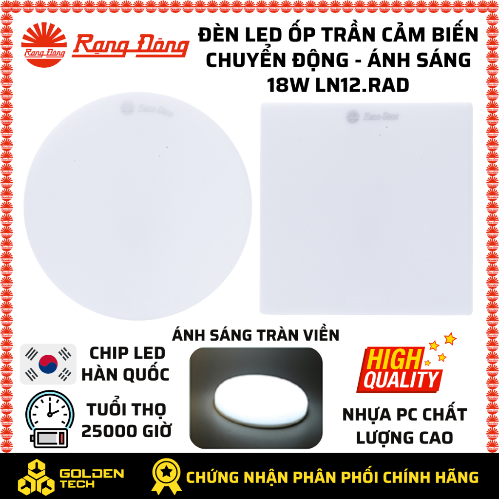 Đèn LED ốp trần tròn, vuông 18W cảm biến chuyển động - ánh sáng đế nhôm Rạng Đông LN12.RAD