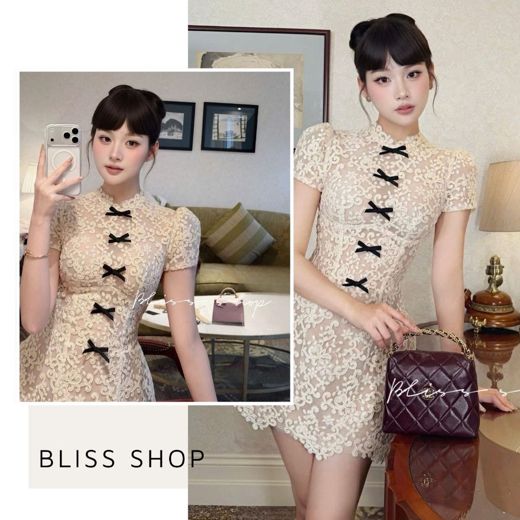 [Thiết Kế Cao Cấp] Đầm Váy Ren Dáng Ngắn Cộc Tay Vai Bồng Mix Nơ Sang Chảnh Bliss Shop - V830