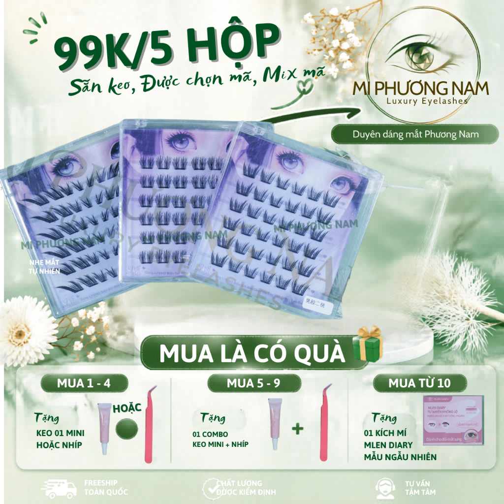 Mi giả sẵn keo 99k/5 hộp  kèm quà tặng, mi 6 hãng hottrend dễ dán - Mi Phương Nam