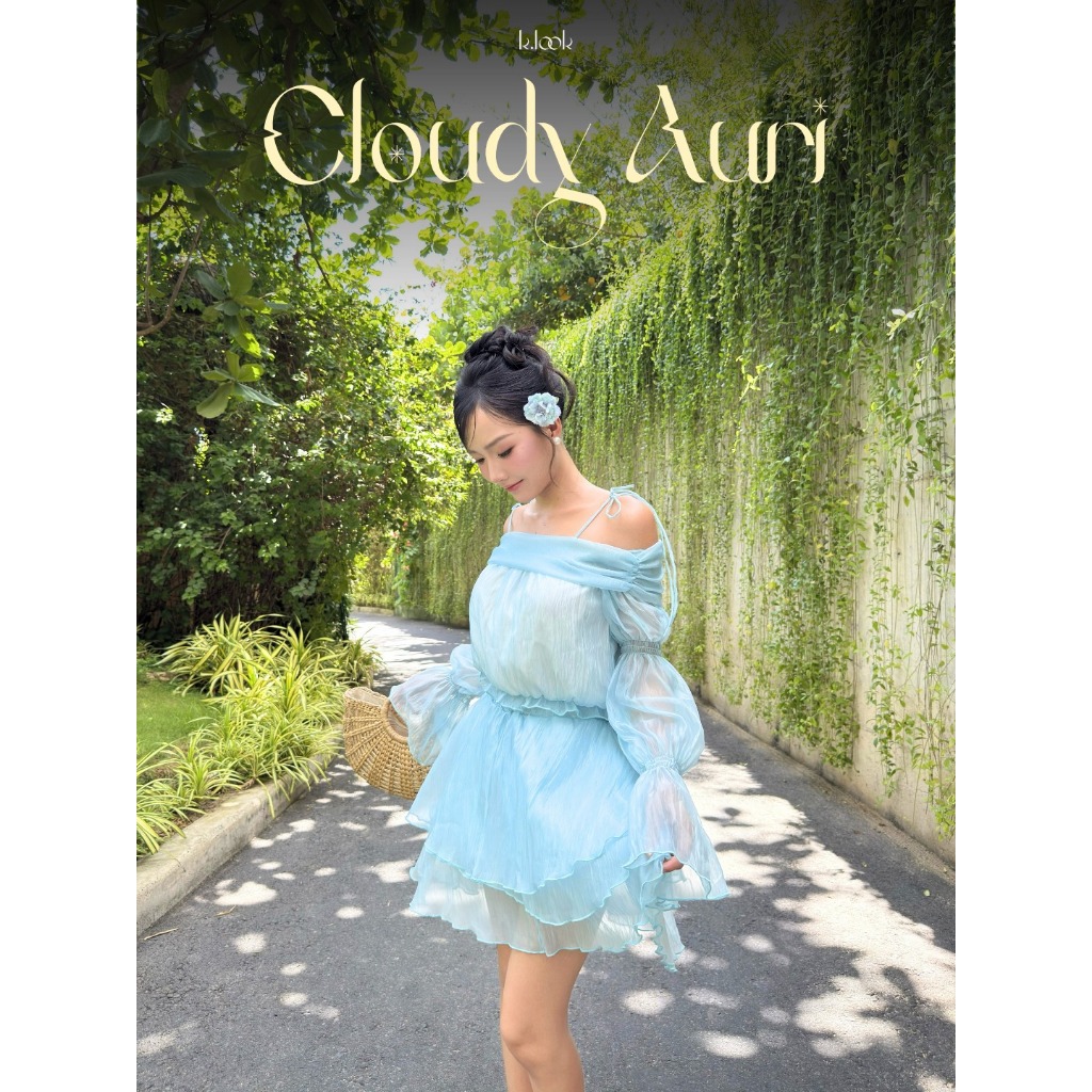 KLOOK Cloudy Auri Dress - Váy Xanh Pastel Voan Tầng Tay Bồng Trễ Vai Đi Chơi / Đi Biển KLOOK