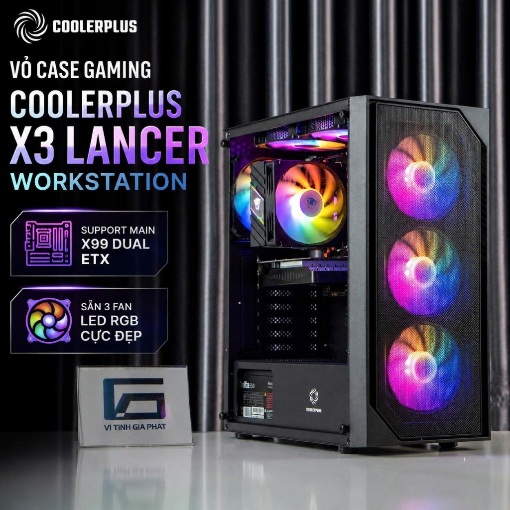 Vỏ Case gaming Coolerplus X3 Lancer Eb02 Eb06 Trắng Đen Sẵn 3 Fan Led lắp Main X99 Dual Xeon