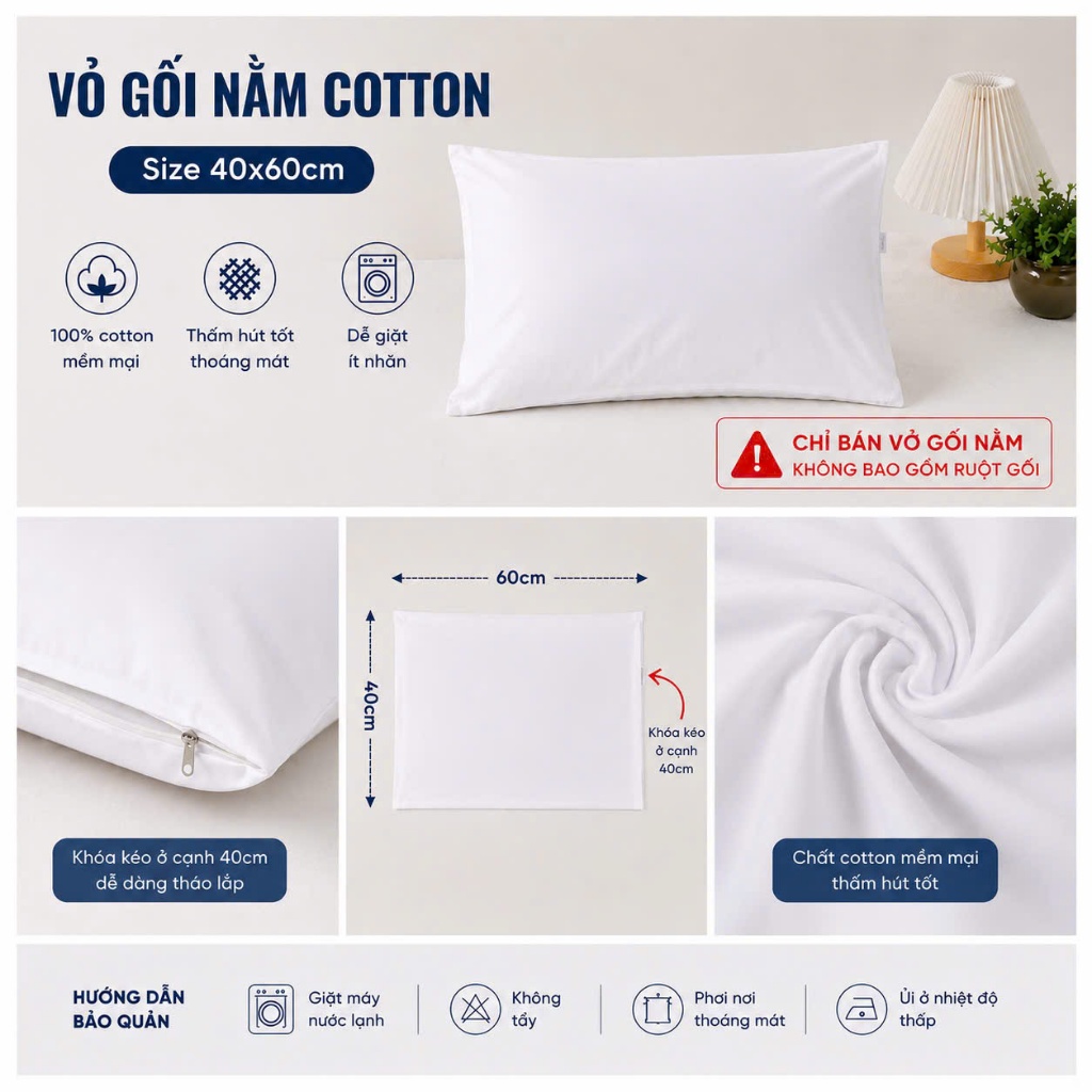 Vỏ thay thế , Vỏ gối trắng khóa kéo để nhồi gòn vào , CHẤT COTTON mát mịn, Chính hãng Thắng Lợi ( Không kèm Ruột )