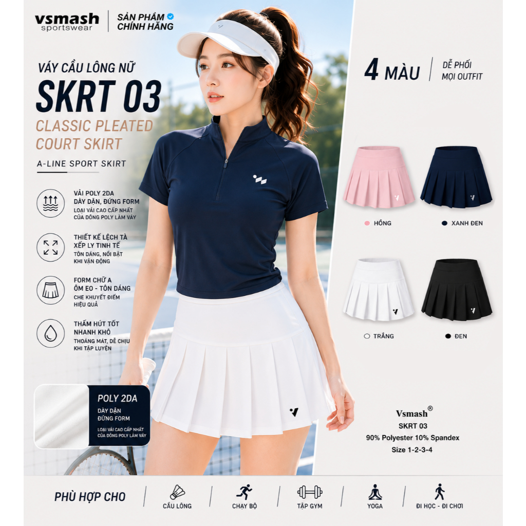 Váy Cầu Lông Vsmash Sportwear “SKRT 03” – Váy Thể Thao Form Xòe Xếp Ly Lót 2 Lớp, Umi 4 Chiều Cao Cấ