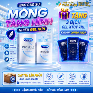 Bao Cao Su Durex Invisible Siêu Mỏng Nhiều Chất Bôi Trơn, Ôm Sát, Size 52mm, Hộp 10 Bao  - Osweet
