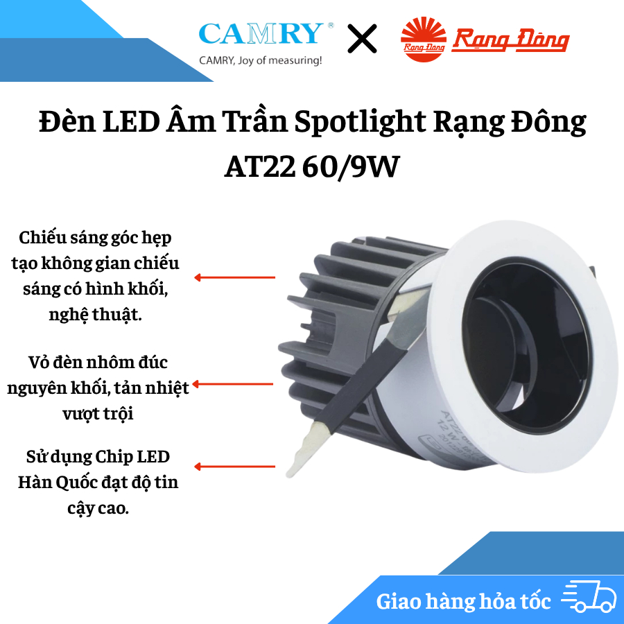 Đèn LED Âm Trần Spotlight Rạng Đông AT22 60/9W, Xoay Góc 20°, Vỏ Đèn Nhôm Nguyên Khối Tản Nhiệt Tốt