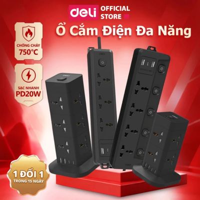 Ổ Cắm Điện Đa Năng DELI 2500W USB Type-C Dây 3m 5m Ổ Điện Màu Đen Cao Cấp Chống Cháy Tương Thích Nhiều Chân Cắm