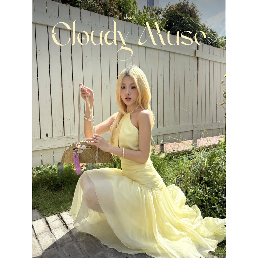 KLOOK, CLOUDY MUSE DRESS - Váy Maxi Vàng Pastel Cổ Yếm Dáng Bay Đi Biển / Cafe / Chụp Ảnh