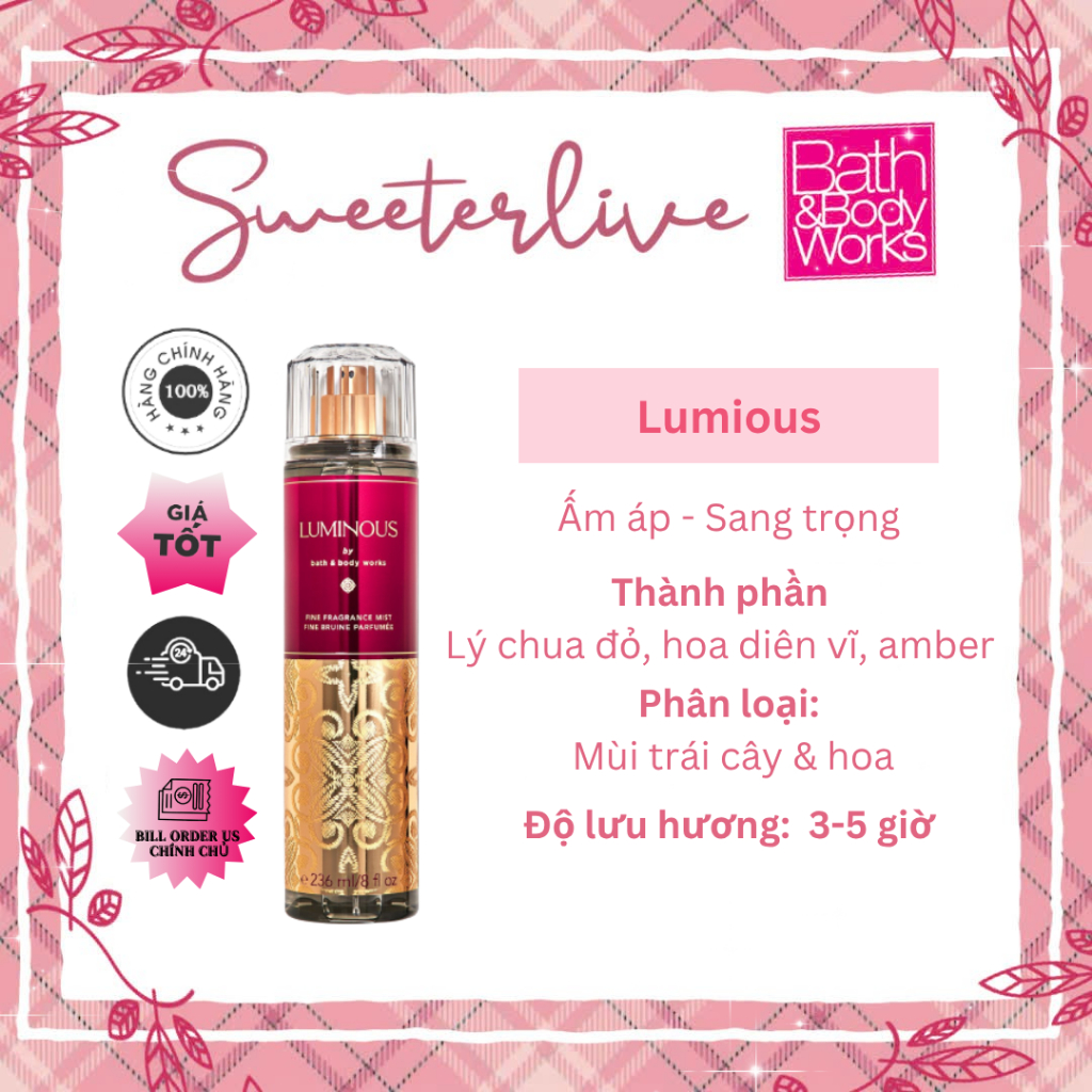 [Bill US] LUMINOUS Body Mist - Xịt thơm toàn thân BATH & BODY WORKS