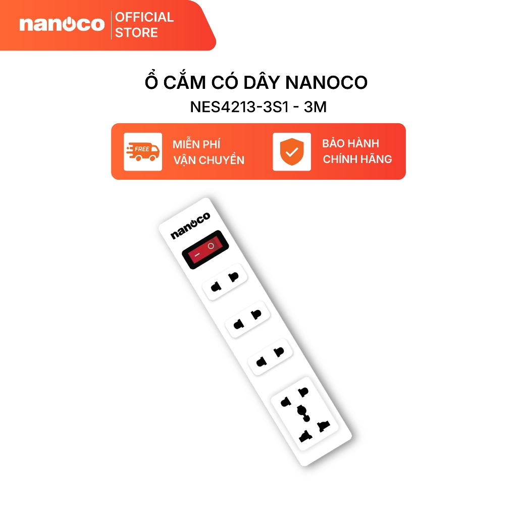 Ổ cắm có dây Nanoco model NES4213-S1 (1 ổ đa năng, 4 ổ 2 chấu, 1 công tắc, dây điện 3m và 5m)